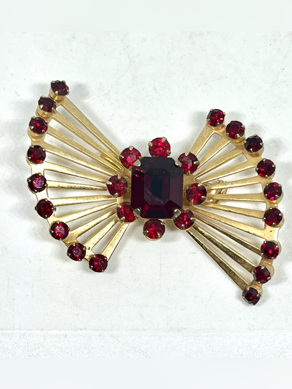 Vintage 1950s Coro Red Crystal Bow Brooch